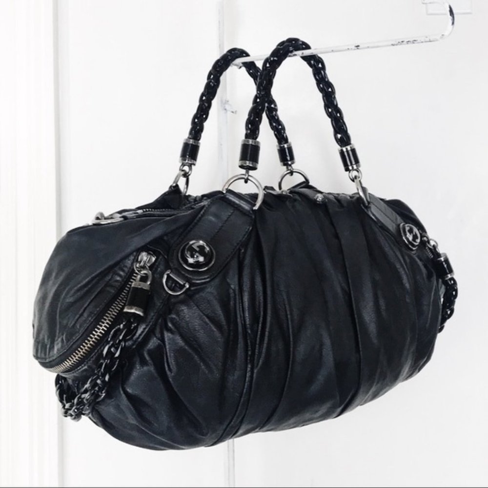GUCCI Galaxy Two-Way Bag Black Leather Vintage Medium Satchel Purse Silver Chain - Picture 1 of 13